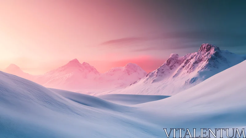 Snowy mountain range under soft pink twilight sky.