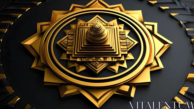 Intricate Golden Mandala in 3D Geometric Style on Dark Background.
