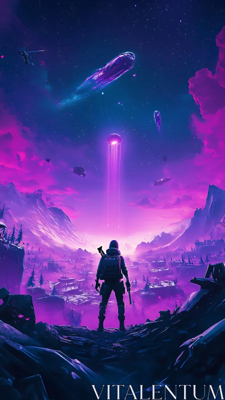 Lone scout watches neon skies ignite with descending starships.