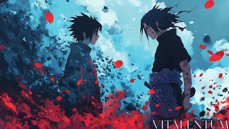 Dual anime warriors confront amid abstract crimson petals