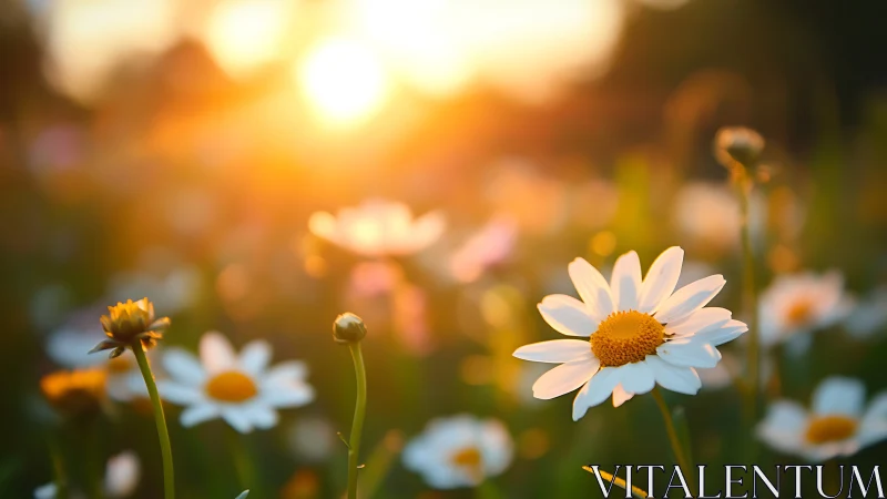 Daisies Bathed in Golden Sunset Light. Depth Blur Study.