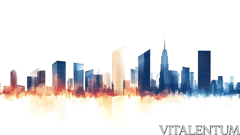 Warm urban skyline glowing with soft sunrise color tones.