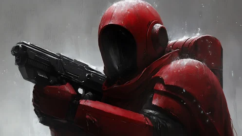 Scarlet space trooper aiming rifle in drifting frost haze.