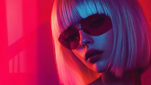 Neon-lit cyber muse in glossy shades and electric glow.