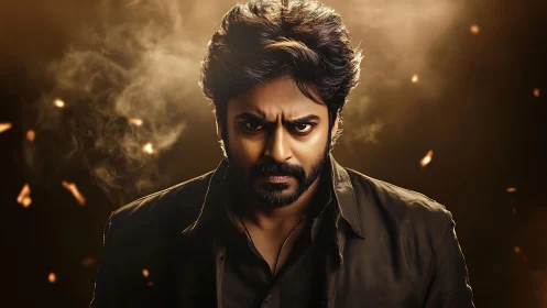 Brooding hero emerges from ember-lit haze with fierce resolve.