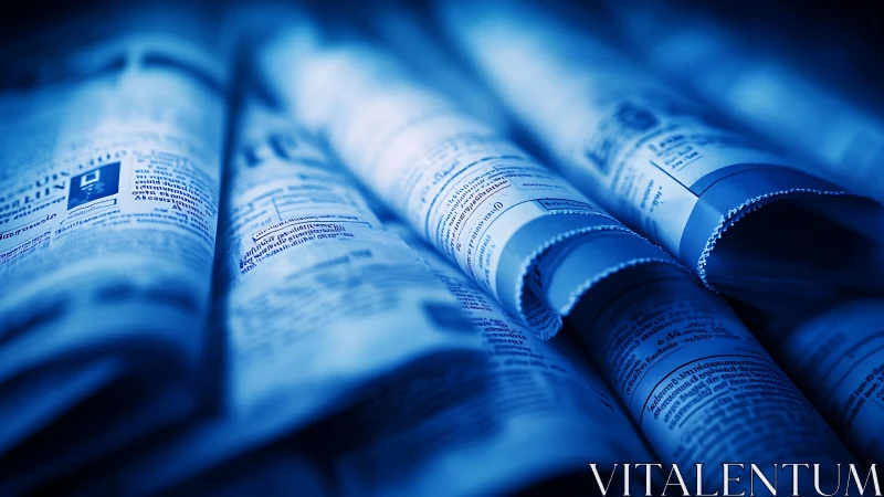 Rolled financial newspapers in cool monochrome focus.
