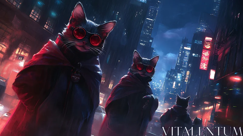 Cyberpunk Felines with Luminescent Ocular Augmentation in Neon Urban Metropolis.
