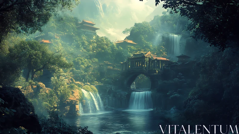 Misty waterfall temple valley invites quiet, dreamlike wonder