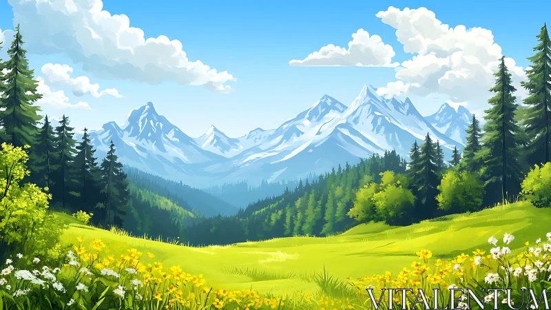 Sunlit alpine meadow below snowcapped mountain peaks.