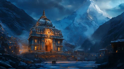 Illuminated mountain temple structure stands within snowy valley