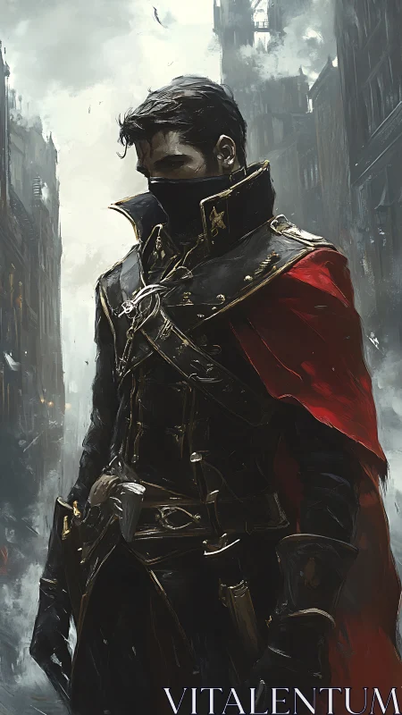 Masked figure in ornate coat within foggy city street.