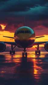 Front-lit narrow-body airliner on wet runway at vivid sunset