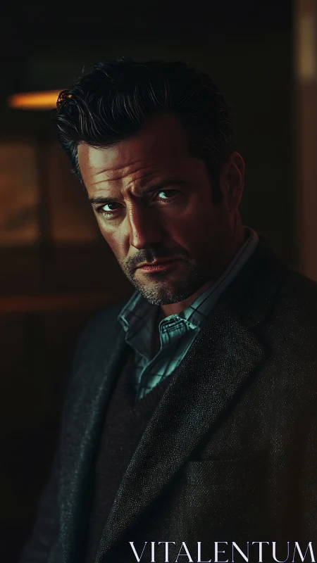Low-key male portrait with cinematic lighting and textured tailoring