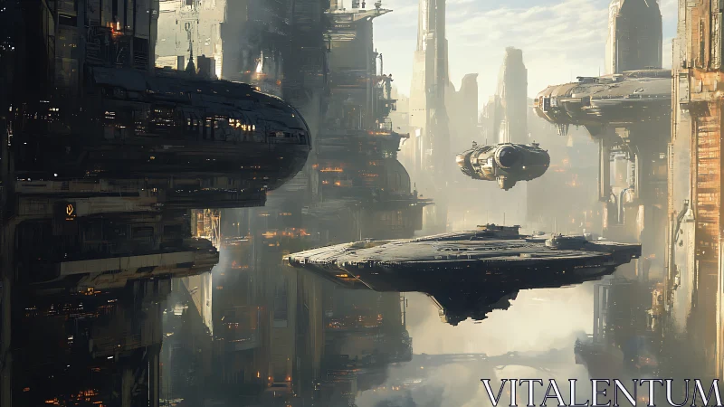 Futuristic megacity skyline with massive hovering starships.