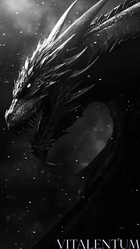 Black dragon head rendered in high contrast monochrome profile