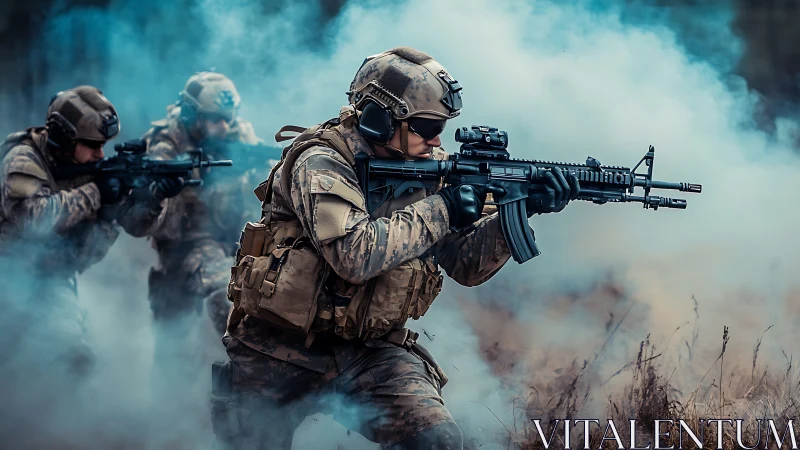 Armed soldiers advance through blue smoke in tactical drill