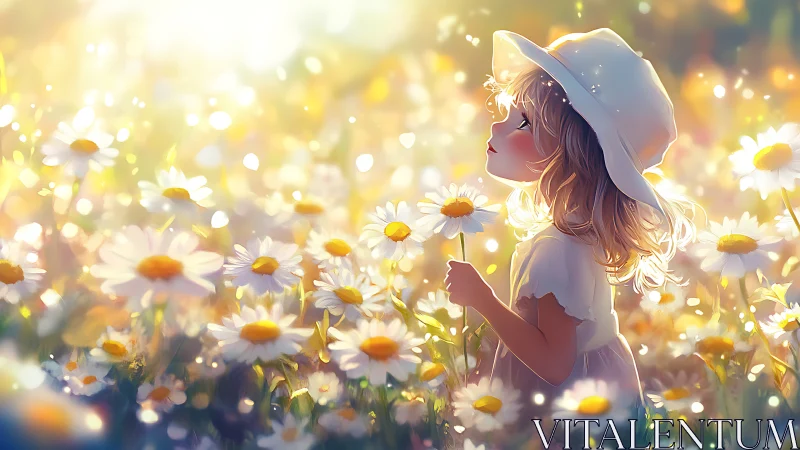 Girl stands in sunlit daisy field holding single flower