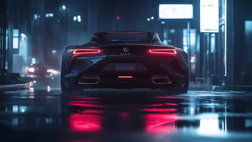 Rain-soaked Lexus coupé rear under neon reflections in nocturnal city