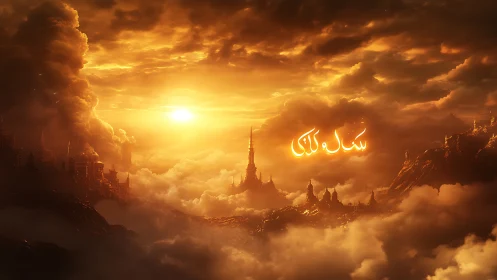 Sunlit fantasy city skyline rising above dense golden clouds