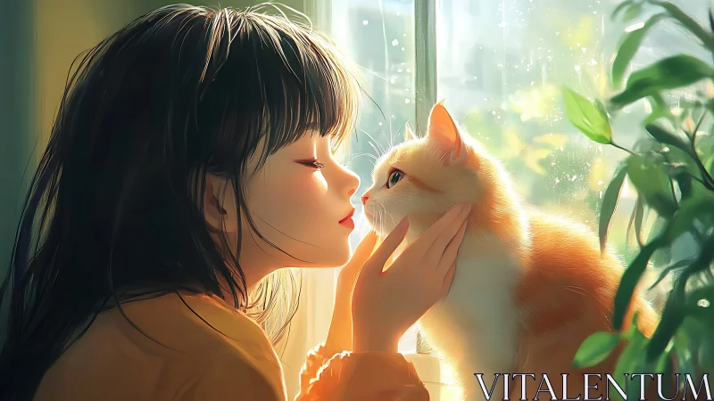 Soft morning glow between girl and cat at a sunlit window.