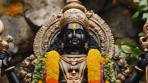 Radiant deity statue adorned with marigold garlands in bloom.