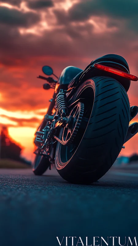 Sunset motorcycle waits on an open road for the next ride.