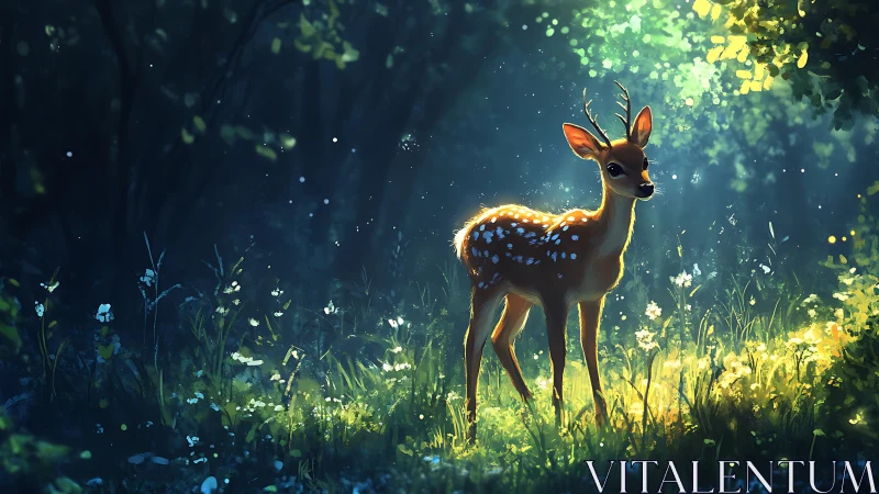 Young deer stands in illuminated forest clearing at dusk