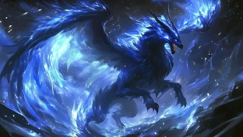 Storm of blue flame engulfs a roaring celestial dragon