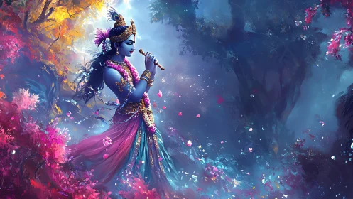 Divine blue figure plays flute amid glowing forest petals