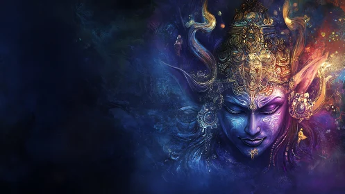 Divine blue deity portrait with ornate golden crown.