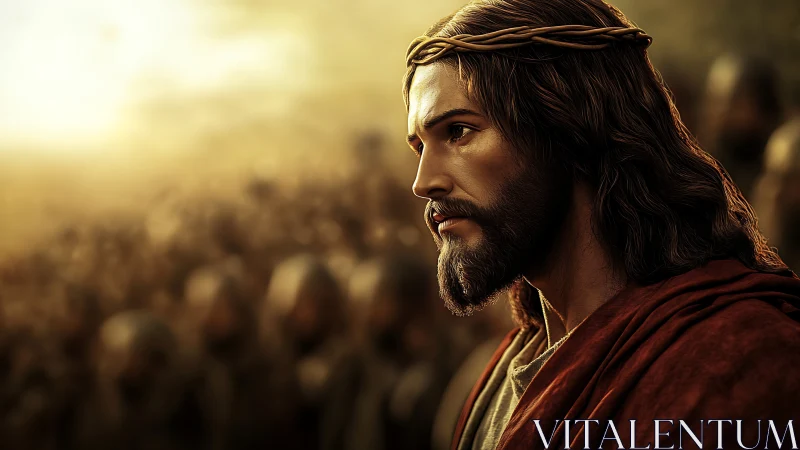 Digital portrait of solemn bearded man in crown of thorns.