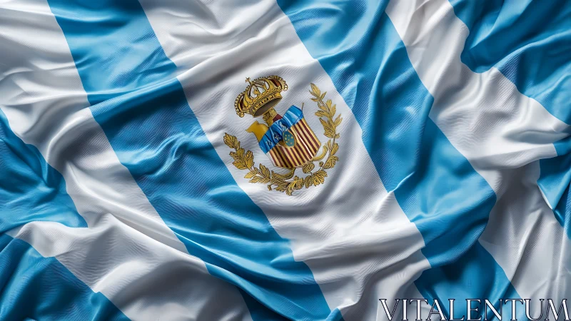 Photorealistic wavy national flag with ornate central coat of arms.