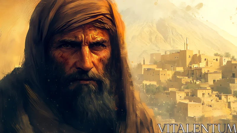 Desert elder portrait beside sunlit hillside village.