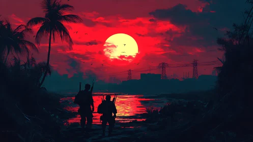 Digital painting of soldiers crossing neon red war-torn marshland.