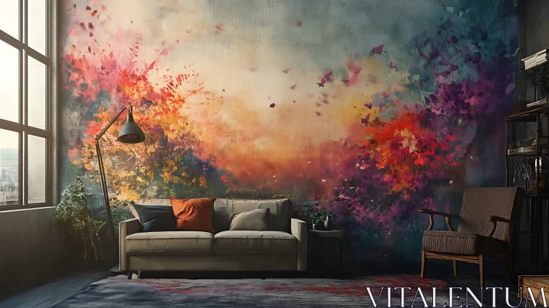 Modern loft living room with large abstract floral mural wall