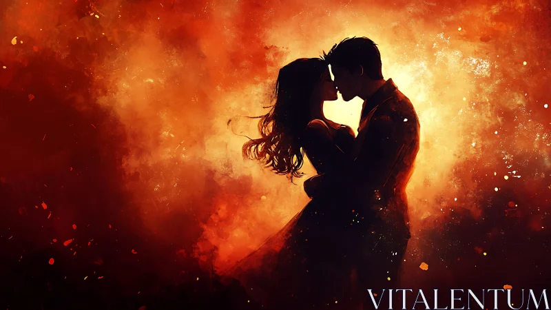 Silhouetted couple kissing against fiery orange glow.