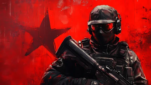 Tactical operator in black gear before distressed red star field