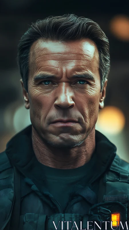 Weathered cyber soldier stares down destiny in neon hush.