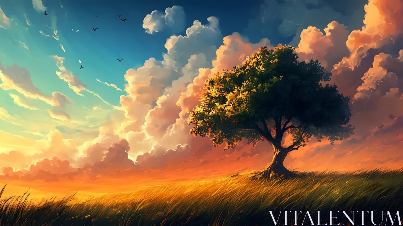 Majestic tree at sunset in vibrant digital painting landscape.