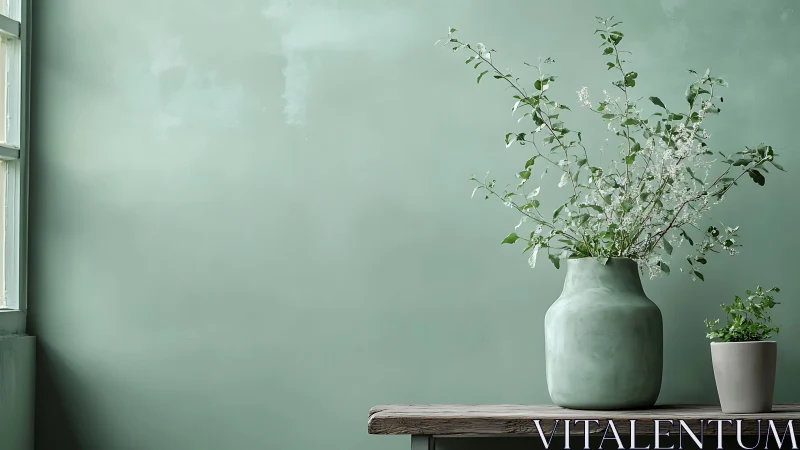Soft green interior still life evokes calm minimalist charm