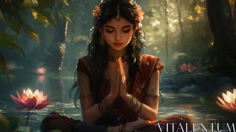 Mystic woman meditates by lotus pond in glowing forest.