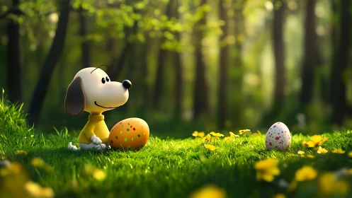 Cartoon dog with Easter eggs in sunlit forest clearing.