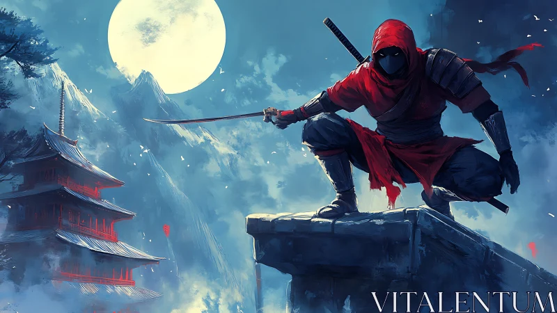 Red-clad ninja crouches on rooftop ledge under full moon
