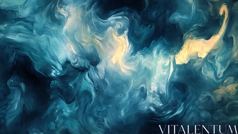 Abstract teal and yellow swirling fluid texture artwork.