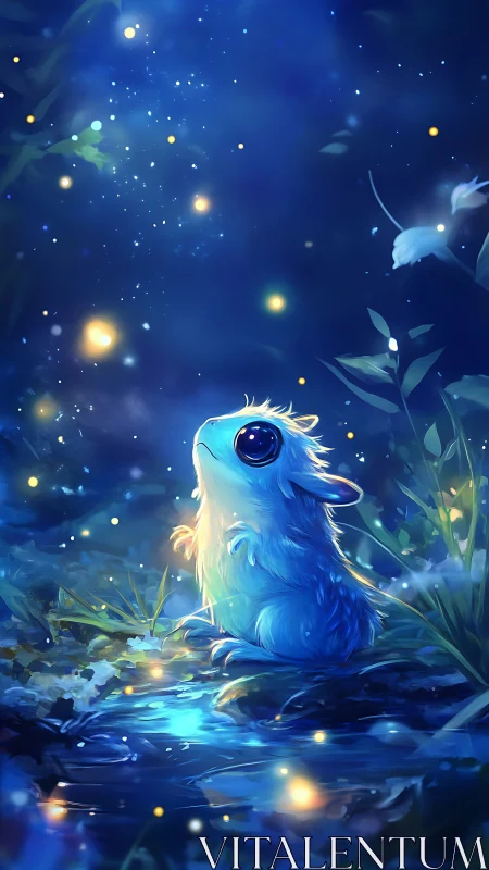 Bioluminescent forest creature observes drifting fireflies at dusk