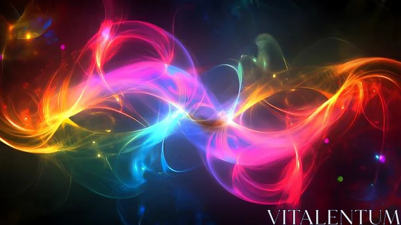 Luminous neon energy waves swirl across a dark cosmic void.