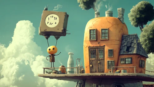 Surreal carrot house with hovering robot holding distorted clock