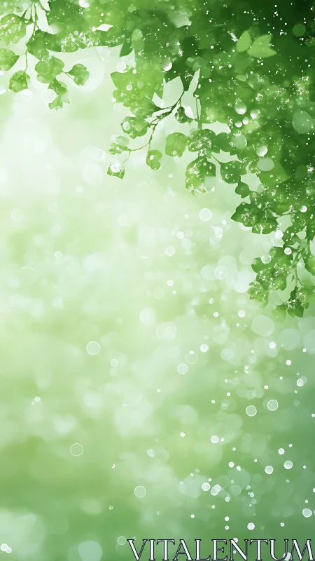 Backlit spring foliage bokeh with luminous green gradient field.