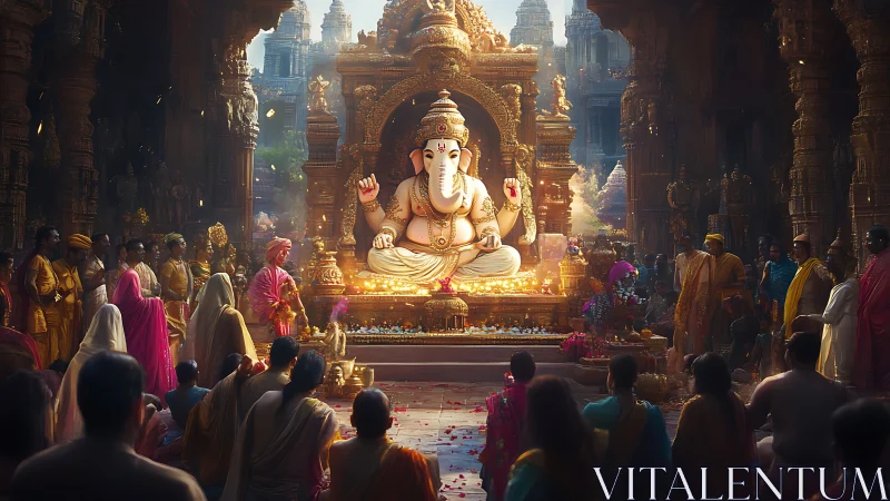 Majestic Ganesha idol glows amid temple festival crowd.
