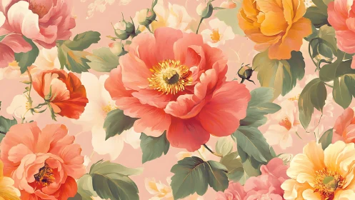 Botanical Composition: Vibrant Garden Blooms in Soft Palette.